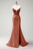 Fuchsia Spaghetti Straps Beaded Satin Mermaid Prom Dress with Slit