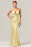 Champagne Spaghetti Straps Satin Mermaid Bridesmaid Dress with Hollow-Out Back