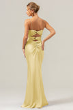 Champagne Spaghetti Straps Satin Mermaid Bridesmaid Dress with Hollow-Out Back