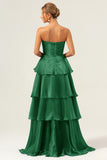 Dark Green Tiered A Line Pleated Strapless Satin Bridesmaid Dress