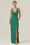 Terracotta V Neck Ruffled Sheath Flower Bridesmaid Dress with Slit