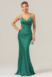 Champagne Spaghetti Straps Satin Mermaid Bridesmaid Dress with Hollow-Out Back