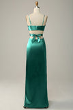 Dark Green Spaghetti Straps Cut Out Long Bridesmaid Dress with Slit