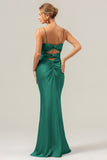 Champagne Spaghetti Straps Satin Mermaid Bridesmaid Dress with Hollow-Out Back