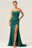 Dark Green Mermaid Satin Sweep Train Bridesmaid Dress with Slit