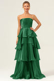 Dark Green Tiered A Line Pleated Strapless Satin Bridesmaid Dress