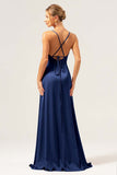 Martini A-Line Spaghetti Straps Satin Bridesmaid Dress with Slit