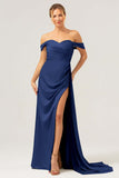 Dark Navy Satin Off the Shoulder Pleated Bridesmaid Dress with Slit