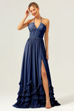 Blue Ruffled Halter Corset Chiffon Bridesmaid Dress with Slit