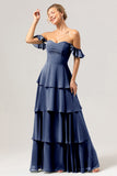 Dark Navy Tiered A-Line Off the Shoulder Sweetheart Bridesmaid Dress