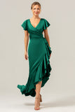 Olive V Neck Satin Ruffled Sheath Asymmetrical Bridesmaid Dress with Slit