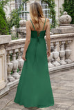 Elegant Matcha A Line Spaghetti Straps Satin Long Bridesmaid Dress with Slit