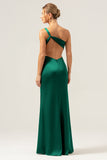 Olive One Shoulder Mermaid Satin Backless Bridesmaid Dress