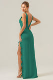 Lime V Neck Ruffled Sheath Bridesmaid Dress with Slit