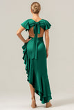 Olive V Neck Satin Ruffled Sheath Asymmetrical Bridesmaid Dress with Slit