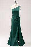 Olive One Shoulder Mermaid Satin Bridesmaid Dress with Slit