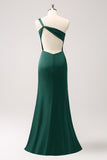 Olive One Shoulder Mermaid Satin Bridesmaid Dress with Slit