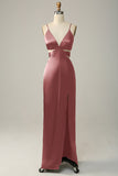 Dark Green Spaghetti Straps Cut Out Long Bridesmaid Dress with Slit