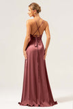 Martini A-Line Spaghetti Straps Satin Bridesmaid Dress with Slit