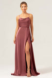 Martini A-Line Spaghetti Straps Satin Bridesmaid Dress with Slit