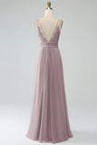 A-Line Pleated Spaghetti Straps Chiffon Bridesmaid Dress With Slit