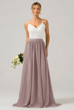 Dusk A-Line Spaghetti Straps Pleated Long Bridesmaid Dress With Lace