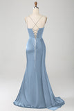 Mermaid Navy Spaghetti Straps Long Prom Dress With Slit