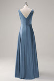 Dusty Blue V-Neck Satin A-Line Long Bridesmaid Dress