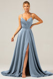 A Line Satin Dusty Blue Spaghetti Straps Prom Dress with Slit
