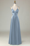 Dusty Blue A-Line Sleeveless Long Bridesmaid Dress
