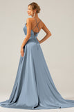 A Line Satin Dusty Blue Spaghetti Straps Prom Dress with Slit