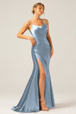 Dusty Blue Mermaid Spaghetti Straps Lace-up Back Prom Dress with Slit