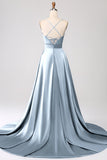 Dusty Blue A Line Spaghetti Straps Satin Prom Dress with Slit