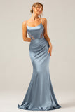 Dusty Blue Mermaid Satin Spaghetti Straps Long Bridesmaid Dress