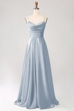 Dusty Blue A Line Cowl Neck Prom Dress with Sequins