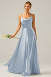 Dusty Blue A Line Cowl Neck Bridesmaid Dress with Sequins