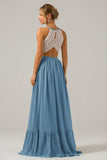 Dusk A-Line Halter Pleated Keyhole Chiffon Bridesmaid Dress With Lace