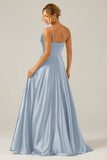 Dusty Blue A Line Cowl Neck Bridesmaid Dress with Sequins