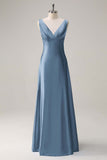 Dusty Blue V-Neck Satin A-Line Long Bridesmaid Dress