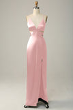 Dusty Rose Spaghetti Straps Cut Out Long Bridesmaid Dress with Slit