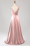 Dusty Rose A-Line Spaghetti Straps Satin Long Prom Dress With Slit