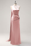 Burgundy One Shoulder Sheath Ruched Satin Bridesmaid Dress