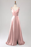 Dusty Rose A-Line Spaghetti Straps Satin Long Prom Dress With Slit