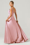 Dusty Rose A-Line Spaghetti Straps Satin Long Bridesmaid Dress With Slit