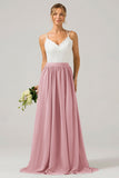 Dusk A-Line Spaghetti Straps Pleated Long Bridesmaid Dress With Lace