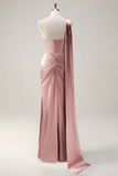 Burgundy One Shoulder Sheath Ruched Satin Bridesmaid Dress