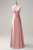 Dusty Blue V-Neck Satin A-Line Long Bridesmaid Dress