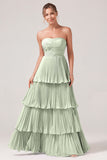 Sky Blue A Line Strapless Pleated Tiered Bridesmaid Dress