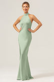 Elegant Dusty Sage Halter Sleeveless Mermaid Bridesmaid Dress