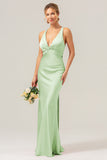 Peacock Front Twist Mermaid Satin Bridesmaid Dress with Bow